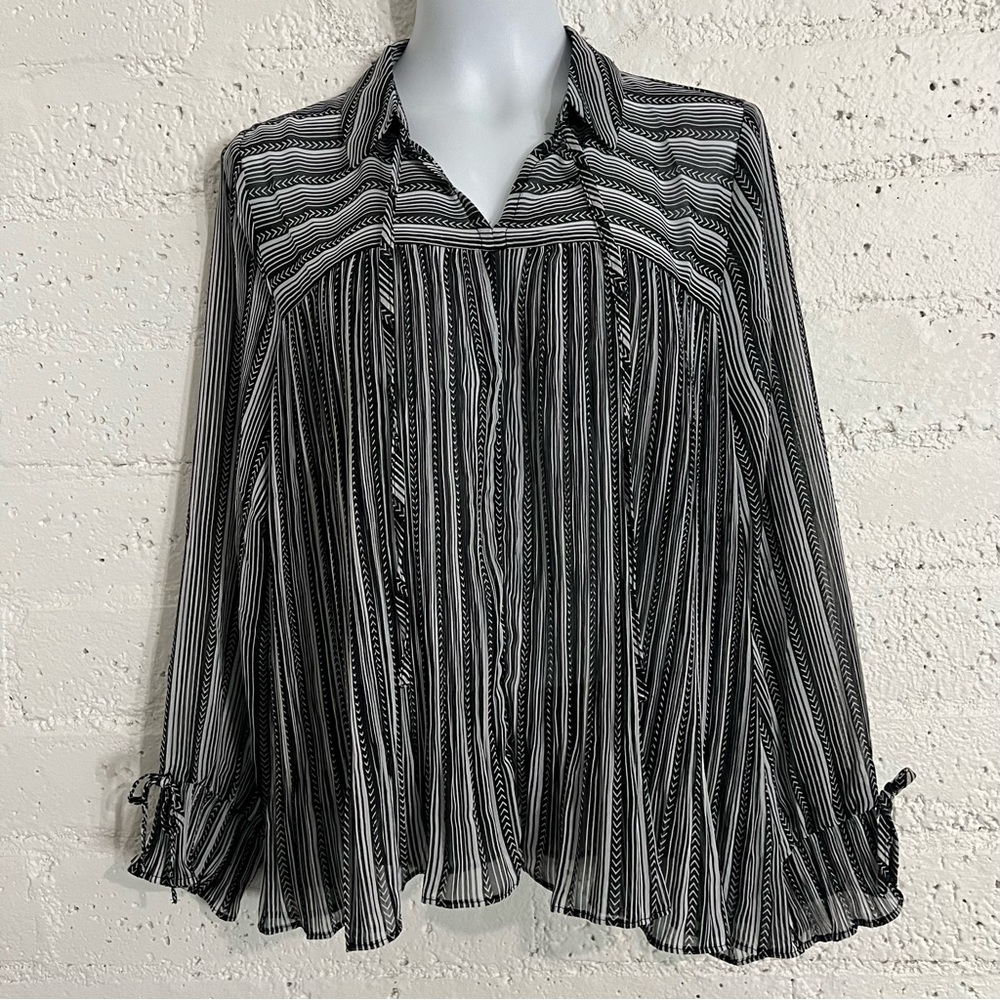 Agnes & Dora Womens Top L Black White Striped Sheer Collar Tie Neck Long Sleeve